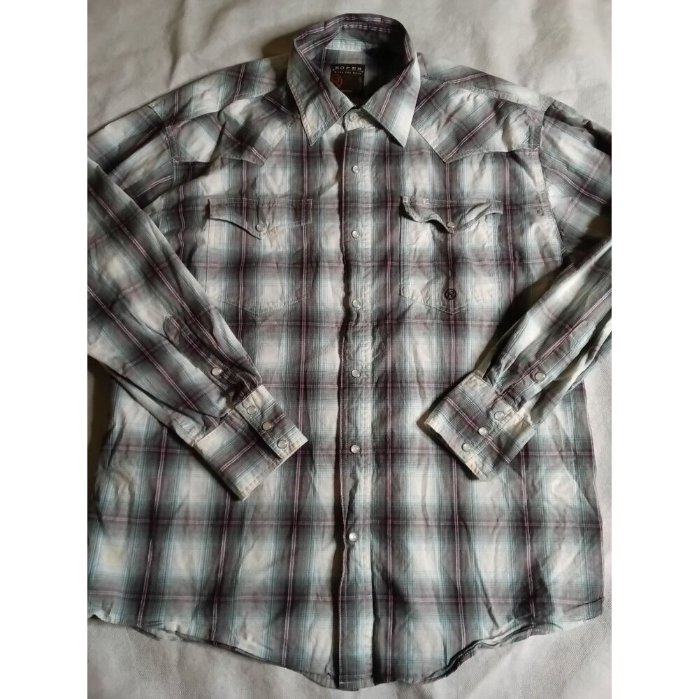 Roper Pearl Snap Western Shirt Mens L Plaid Cowboy Rodeo Long Sleeves